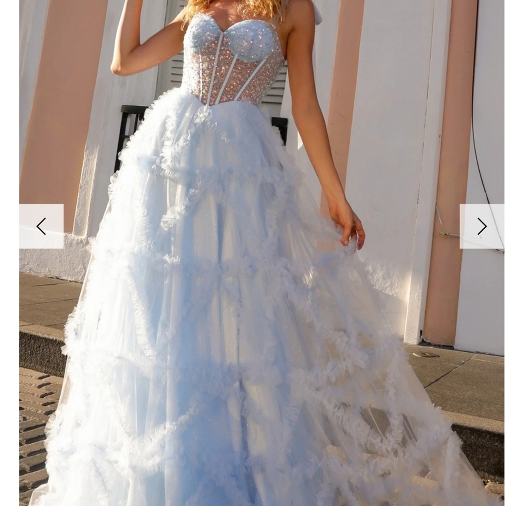 Beaded Strapless Light Blue Tulle Ball Gown Prom Dress